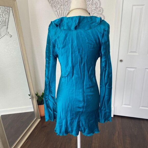 Deadstock Frederick's Of Hollywood Teal Ethereal Frilly Ruffle Silk Dress Top M - Picture 7 of 8